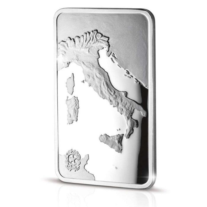 <Lingotto raffigurante il territorio italiano visto nella sua interezza e  in argento 925. I lingotti Intercoins sono elegantemente confezionati.>